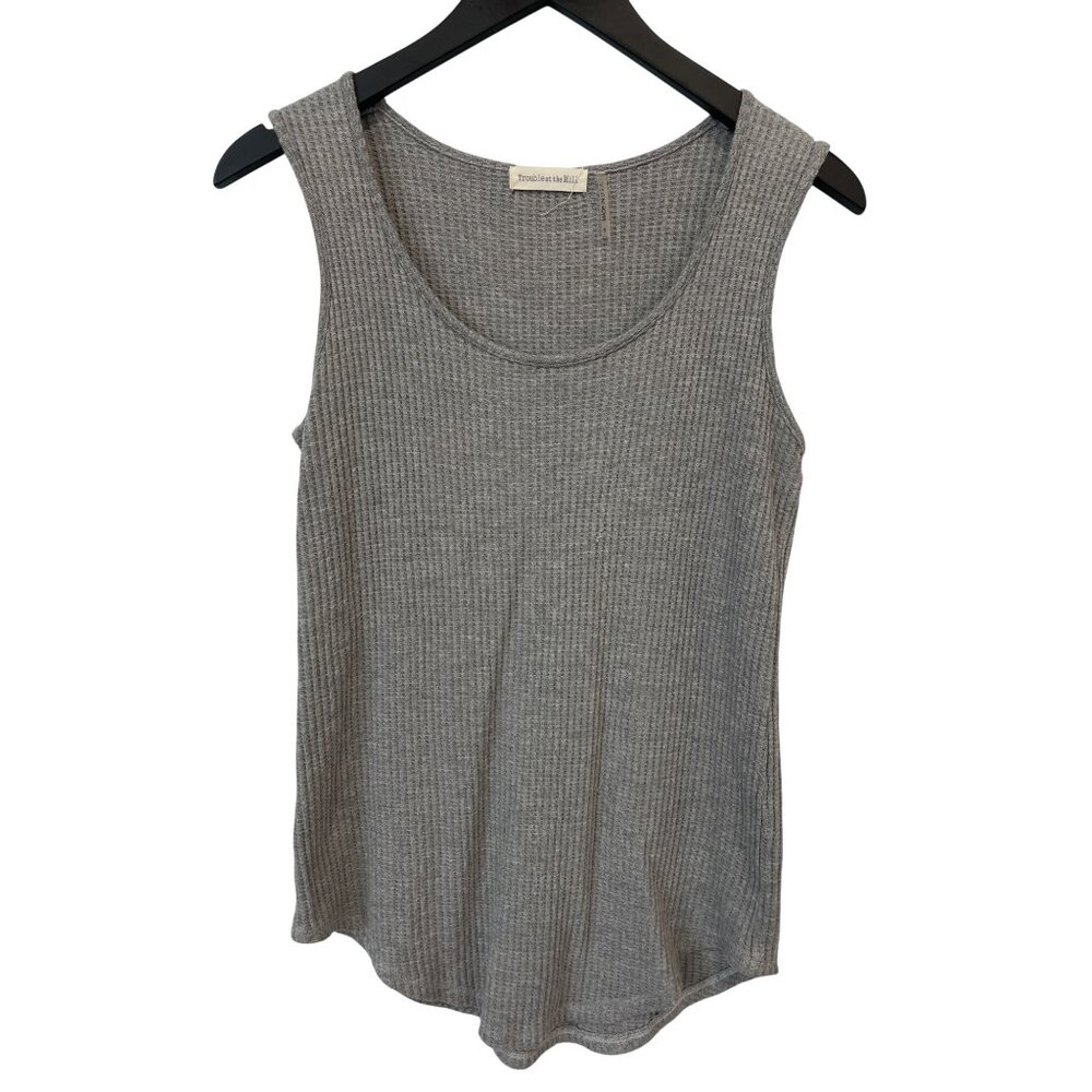 Trouble At The Mill Waffle Knit Tank Top Size Small Sleeveless Scoop Neck Gray